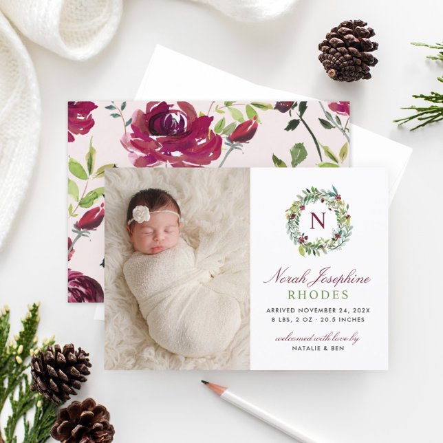 Elegant Burgundy Floral Wreath Monogram Baby Birth Announcement (Creator Uploaded)