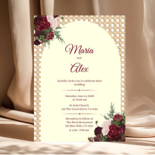 Elegant Burgundy Florals and Rattan Border Wedding Invitation