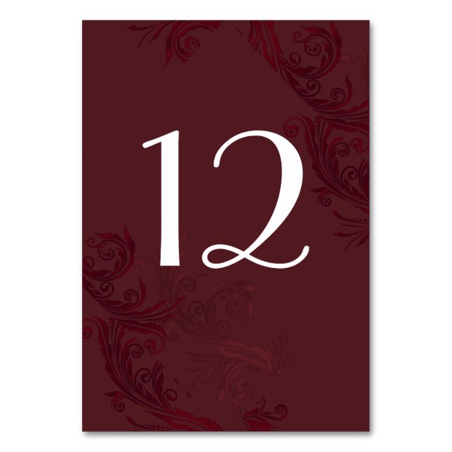 Elegant Burgundy Flourish Wedding Table Number (Front)
