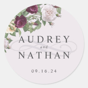 Elegant Burgundy Flower Personalised Wedding Classic Round Sticker
