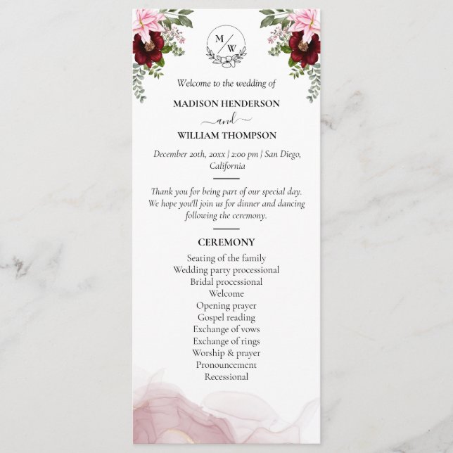 Elegant Burgundy Flower Wedding Program (Front)