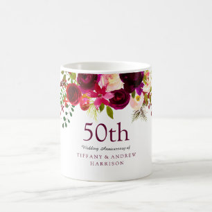 Elegant Burgundy Flowers 50th Wedding Anniversary Coffee Mug