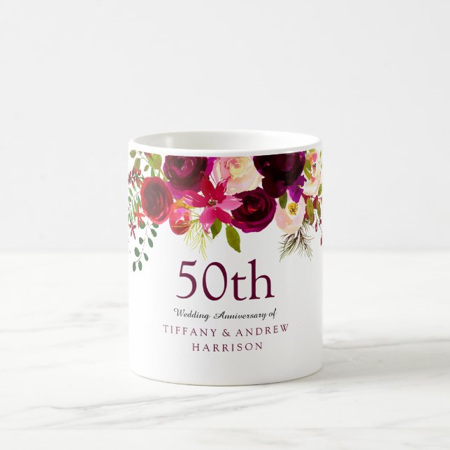 Elegant Burgundy Flowers 50th Wedding Anniversary Coffee Mug (Center)