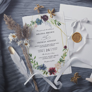 Elegant Burgundy Flowers Budget QR Code Wedding Invitation