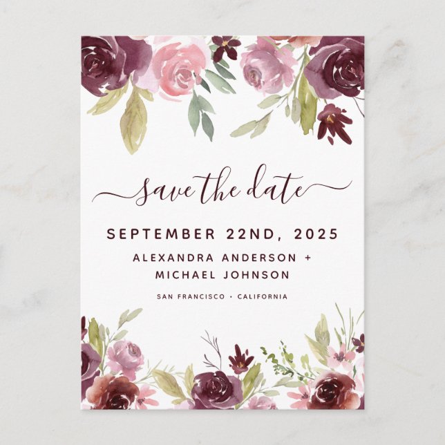 Elegant Burgundy Flowers Floral Save the Date Announcement Postcard (Front)