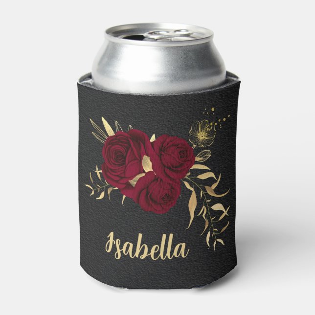 Elegant burgundy flowers gold black can cooler (Can Front)