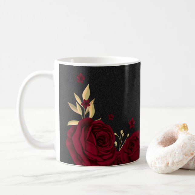 Elegant burgundy flowers gold black coffee mug (With Donut)