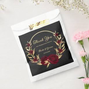 Elegant burgundy flowers gold black wedding  favour bag