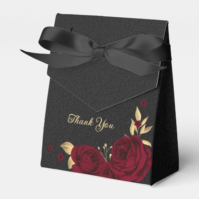 Elegant burgundy flowers gold black wedding favour box (Front Side)