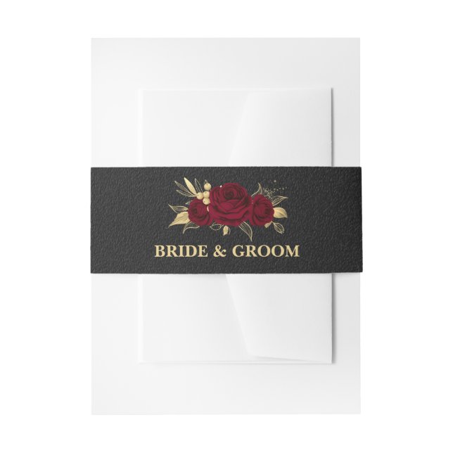 Elegant burgundy flowers gold black wedding invitation belly band (Front Example)