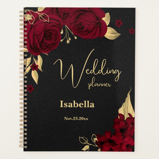Elegant burgundy flowers gold black wedding planner (Front)