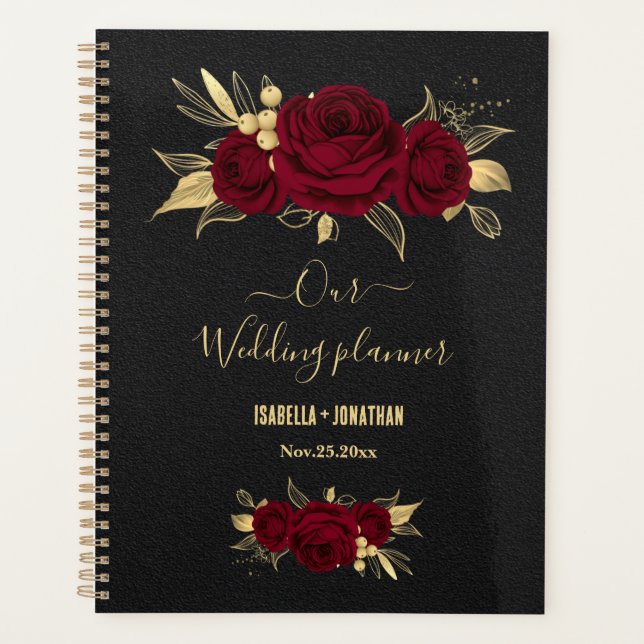 Elegant burgundy flowers gold black wedding planner (Front)