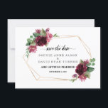 Elegant Burgundy Flowers Gold Frame Wedding Save The Date<br><div class="desc">Unique and elegant design featuring watercolor burgundy pink flowers,  faux gold frame; on the back flowers bouquet and initials. Use Personalise tool to add your info. For matching items,  please,  visit my Charming Floral Collection.</div>