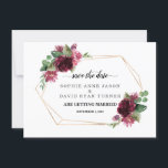 Elegant Burgundy Flowers Gold Frame Wedding Save The Date<br><div class="desc">Unique and elegant design featuring watercolor burgundy pink flowers,  faux gold frame; on the back flowers bouquet and initials. Use Personalise tool to add your info. For matching items,  please,  visit my Charming Floral Collection.</div>