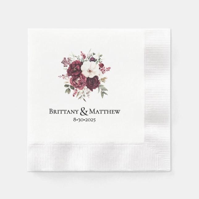 Elegant Burgundy Flowers Personalised Wedding Napkin (Front)