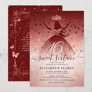 Elegant Burgundy Flowers Rose Gold Sweet 16 Invitation