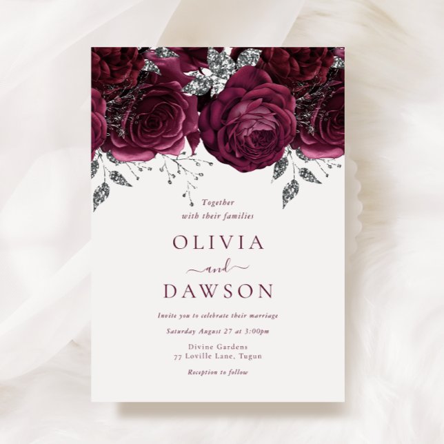 Elegant Burgundy Flowers & Silver Wedding Invitation (Creator Uploaded)
