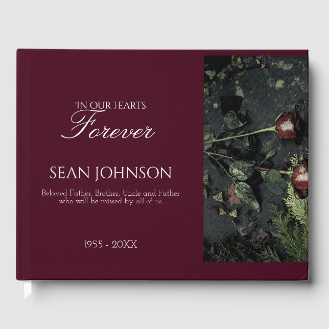 Elegant Burgundy Forever in Our Hearts Funeral Guest Book (Front)