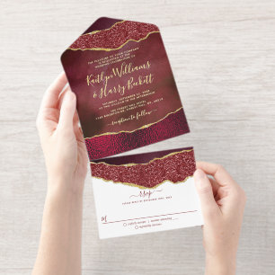Elegant Burgundy Geode Agate Wedding Real Foil All In One Invitation