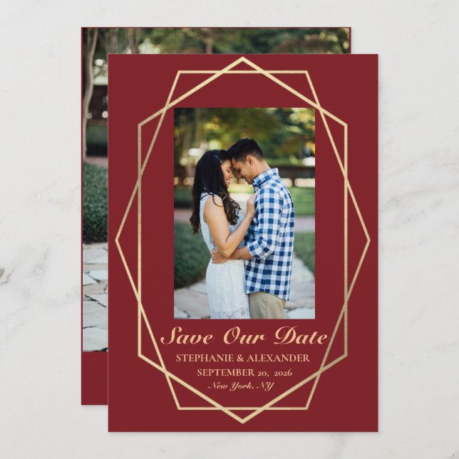 Elegant Burgundy Geometric Gold Frame Wedding Save The Date (Front/Back)
