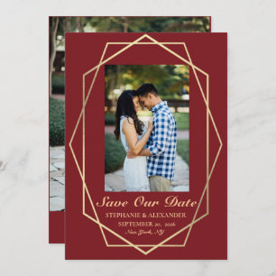 Elegant Burgundy Geometric Gold Frame Wedding Save The Date
