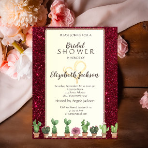 Elegant Burgundy Glitter Cactus Bridal Shower Invitation