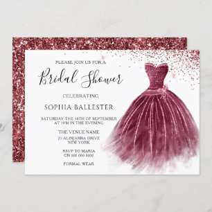 Elegant Burgundy Glitter Gown Bridal Shower Invitation