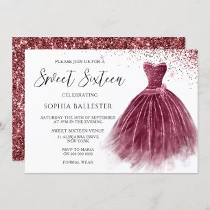 Elegant Burgundy Glitter Gown Sweet 16 Party Invitation