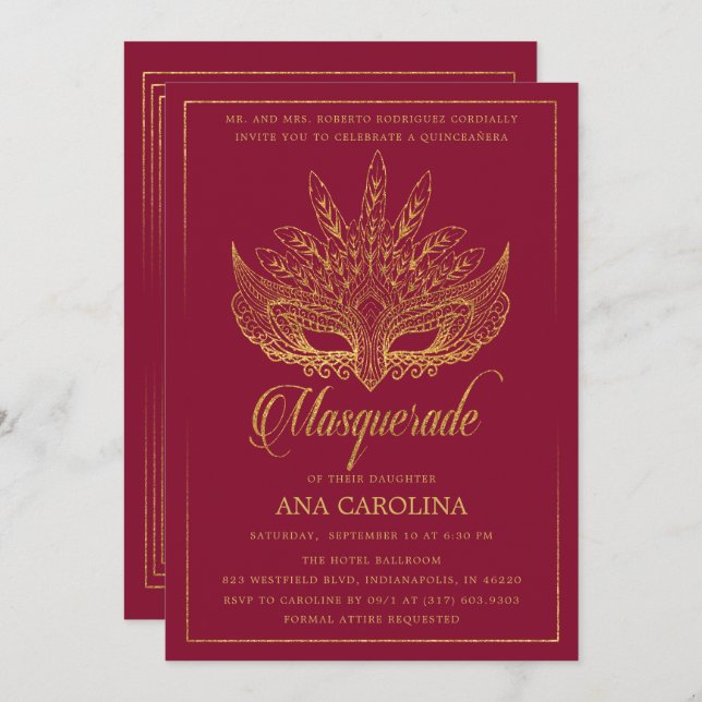 Elegant Burgundy Glitter Masquerade Quinceañera Invitation (Front/Back)