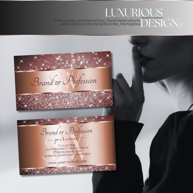 Elegant Burgundy Glitter Stars Monogram Rose Gold Business Card (Creator Uploaded)