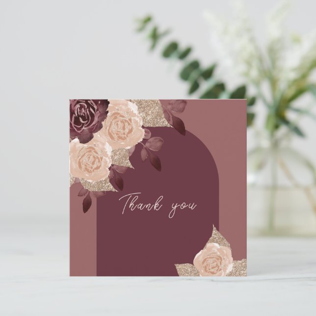 Elegant Burgundy Glittery Watercolor Roses Wedding Thank You Card (Standing Front)