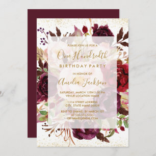 Elegant Burgundy Gold 100th Birthday Invitation