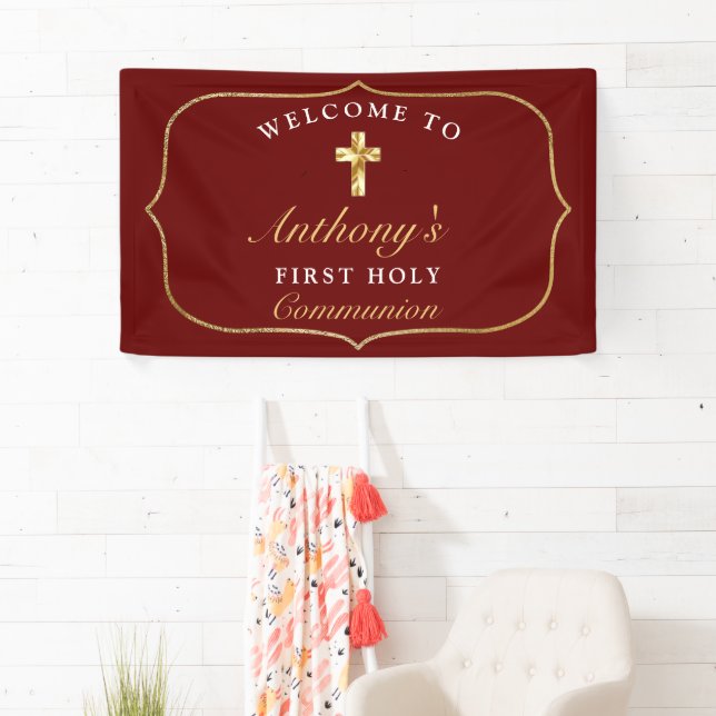 Elegant Burgundy Gold 1st Holy Communion Welcome   Banner (Insitu)