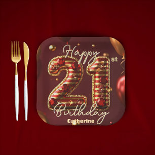 Elegant Burgundy & Gold 21st Birthday Celebration Paper Plate