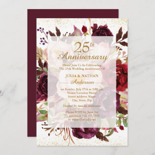 Elegant Burgundy Gold 25th Wedding Anniversary Invitation
