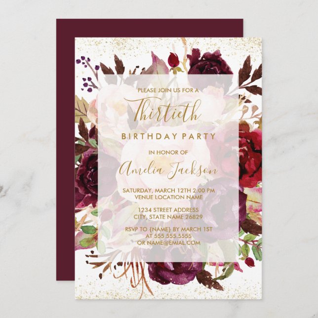 Elegant Burgundy Gold 30th Birthday Invitation (Front/Back)