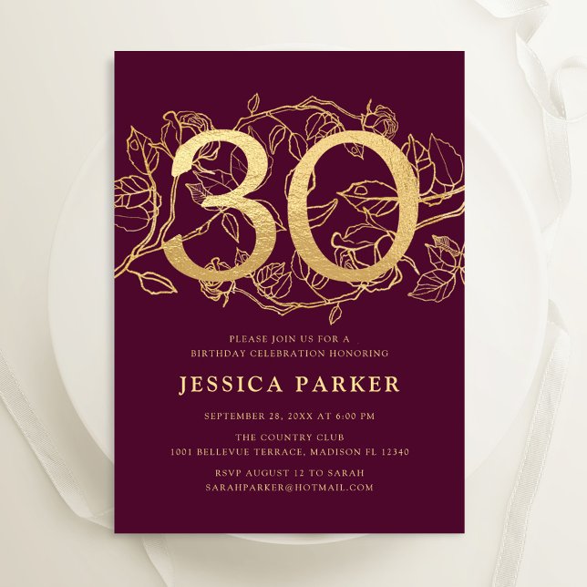 Elegant Burgundy Gold 30th Birthday Invitation (Creator Uploaded)