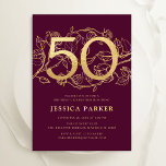 Elegant Burgundy Gold 50th Birthday Invitation<br><div class="desc">Elegant burgundy maroon gold 50th birthday party invitation. Customisable dark red marsala wine design featuring roses botanical accents and typography script font. Simple floral invite card perfect for a stylish female bday celebration. Personalise with your own details. Printed Zazzle invitations or instant download digital printable template.</div>