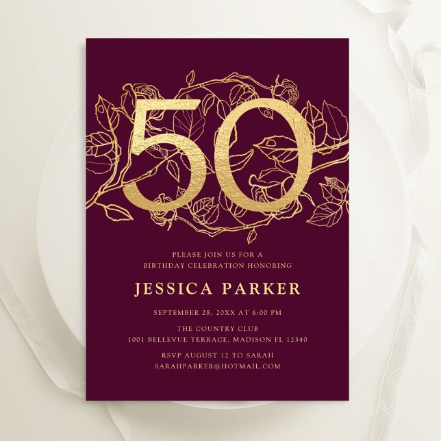 Elegant Burgundy Gold 50th Birthday Invitation (Creator Uploaded)
