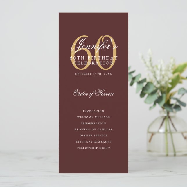 Elegant Burgundy Gold 60th Birthday Program Menu (Standing Front)