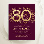 Elegant Burgundy Gold 80th Birthday Invitation<br><div class="desc">Elegant burgundy maroon gold 80th birthday party invitation. Customisable dark red marsala wine design featuring roses botanical accents and typography script font. Simple floral invite card perfect for a stylish female bday celebration. Personalise with your own details. Printed Zazzle invitations or instant download digital printable template.</div>