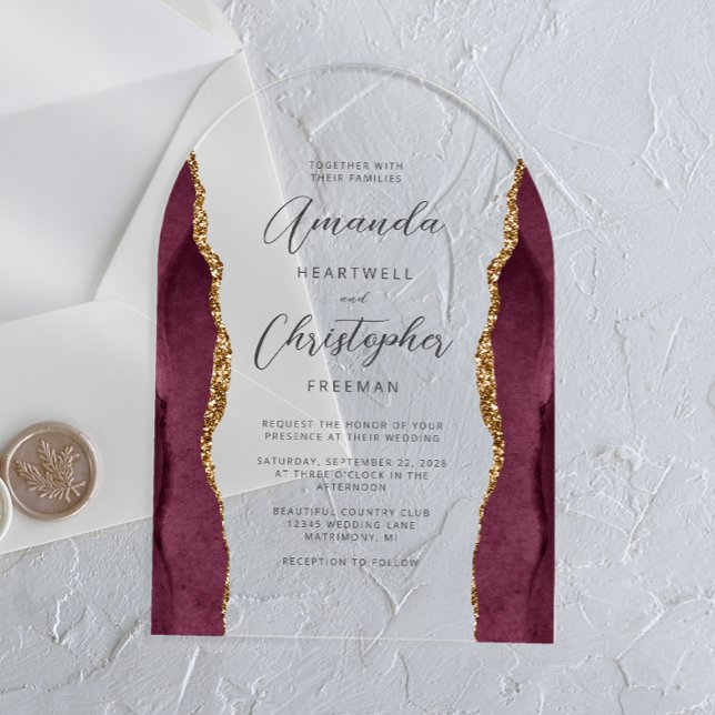 Elegant Burgundy Gold Agate Script Arch Wedding Acrylic Invitations (Creator Uploaded)