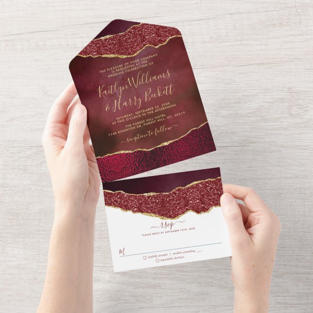 Elegant Burgundy & Gold Agate Wedding All In One Invitation (Tearaway)