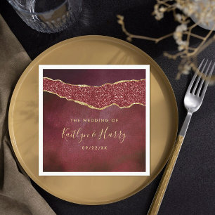 Elegant Burgundy & Gold Agate Wedding Napkin