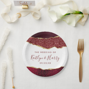 Elegant Burgundy & Gold Agate Wedding Paper Plate