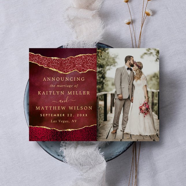 Elegant Burgundy & Gold Agate Wedding Photo Announcement (Creator Uploaded)