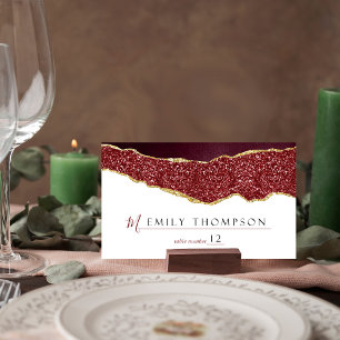 Elegant Burgundy & Gold Agate Wedding Place Card