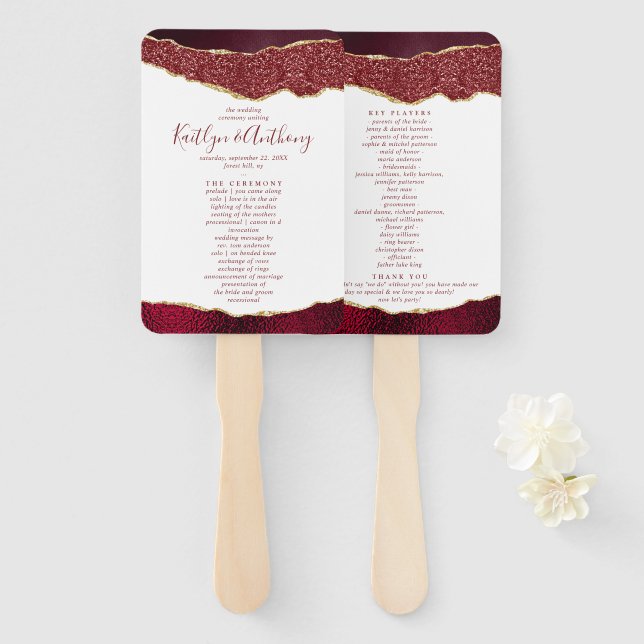 Elegant Burgundy & Gold Agate Wedding Program Hand Fan (Front and Back)