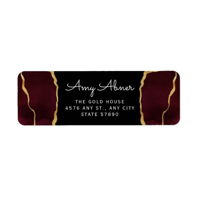 Elegant Burgundy Gold Agate Wedding Return Address Label (Front)