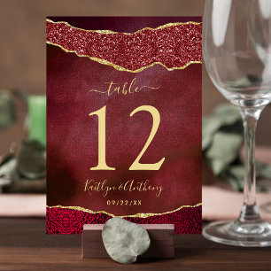 Elegant Burgundy & Gold Agate Wedding Table Number